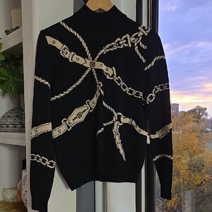 ST JOHN Black Creamy Gold Mock Neck Zip Belt Chain Sweater Size S